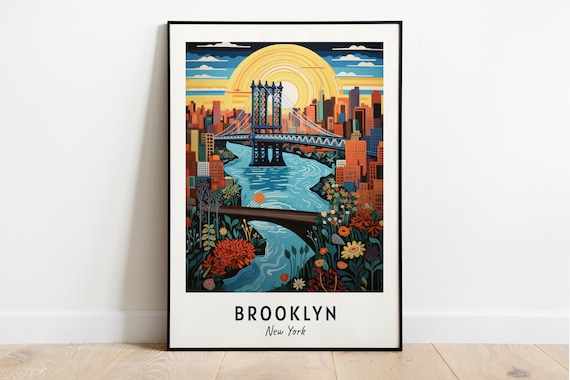 Brooklyn New York Bridge Sunset City Skyline Flowers Travel Poster