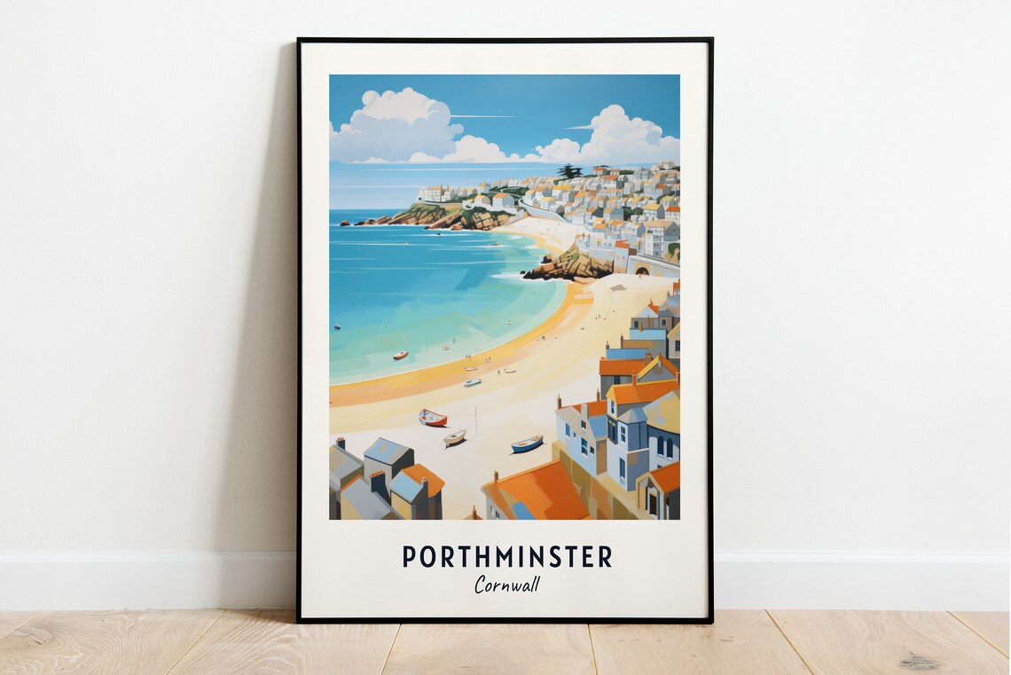 Porthminster Cornwall Sunlit Beach Boats Seaside Town Poster