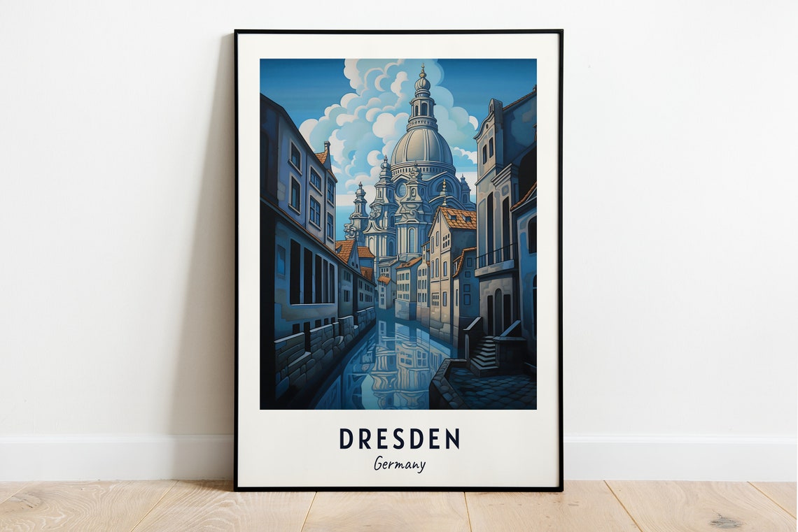Dresden Germany Baroque Church Canal Night Art Travel Poster