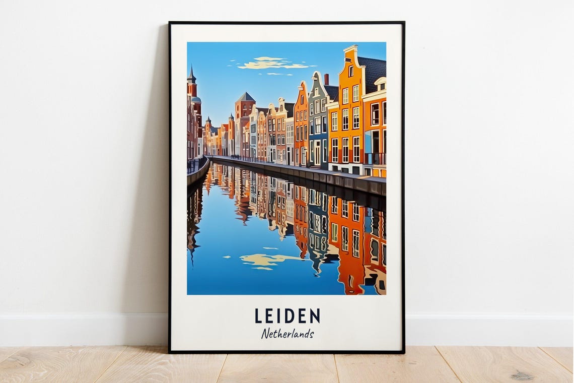 Leiden Netherlands Canal Gabled Houses Mirror Reflection Poster