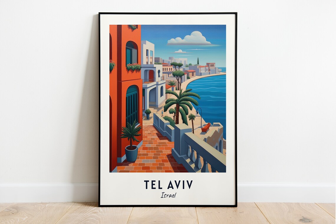 Tel Aviv Israel Mediterranean Promenade Palm Trees Travel Poster