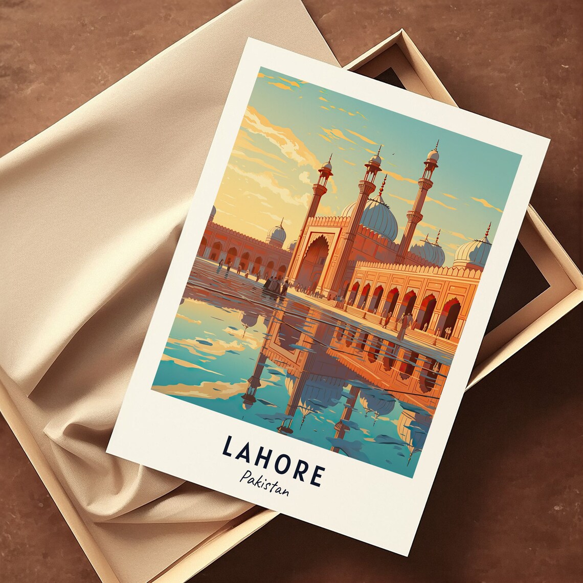 Lahore Mosque Golden Hour Reflection Over Water Pakistan Travel Poster - Image 3