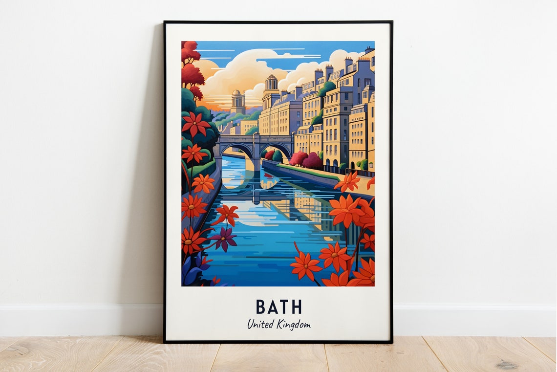 Bath United Kingdom Riverside Georgian Crescent Bridge Travel Poster