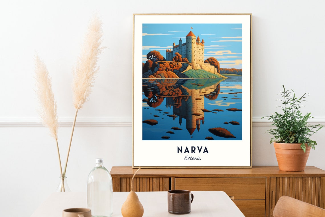 Narva Estonia Riverside Fortress Reflection Art Travel Poster - Image 2