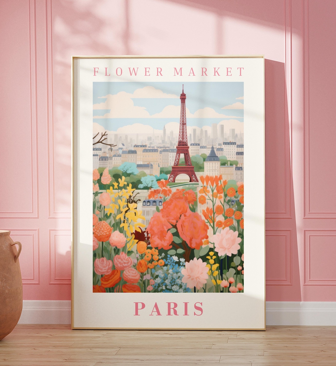 Paris Flower Market Eiffel Tower Pink Peony Blossom Travel Poster