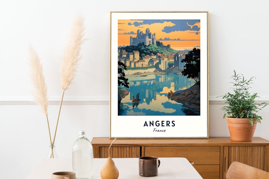 Angers France Castle Hill River Sunset Reflection Travel Poster - Image 2