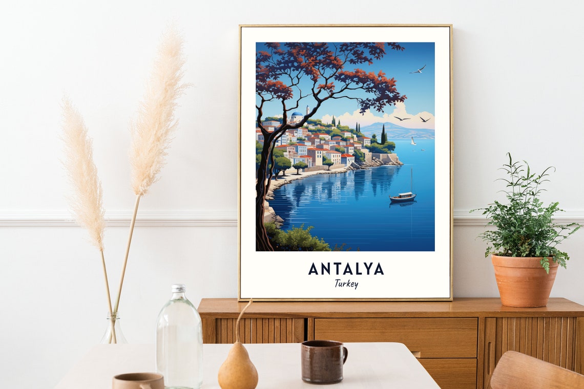 Antalya Turkey Harbor Bay Red Tree Minimalist Seascape Travel Poster - Image 2