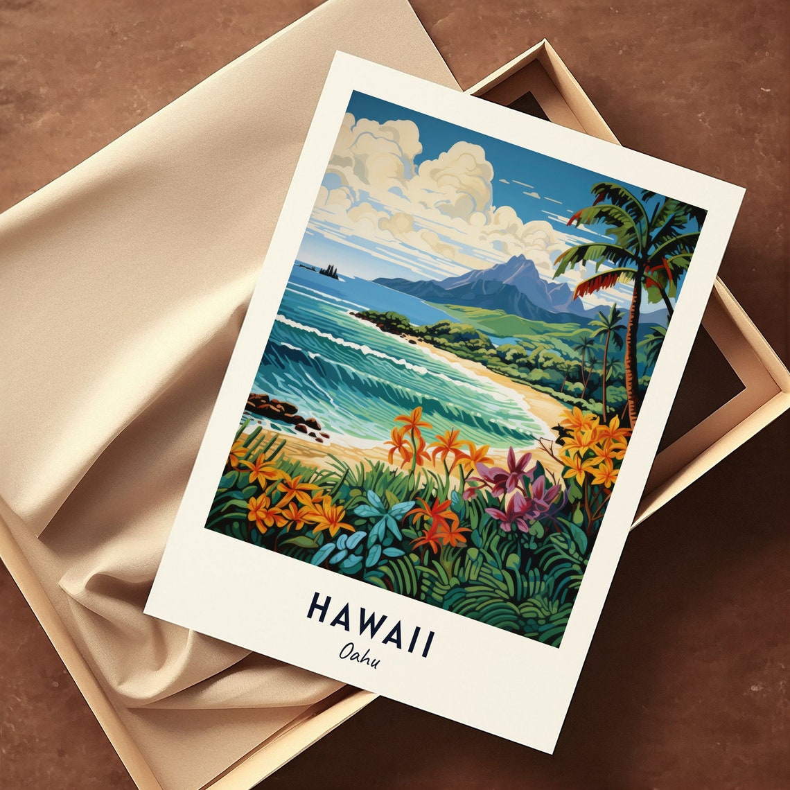 Hawaii Oahu Tropical Beach Palm Trees Mountain Ocean Travel Poster - Image 3