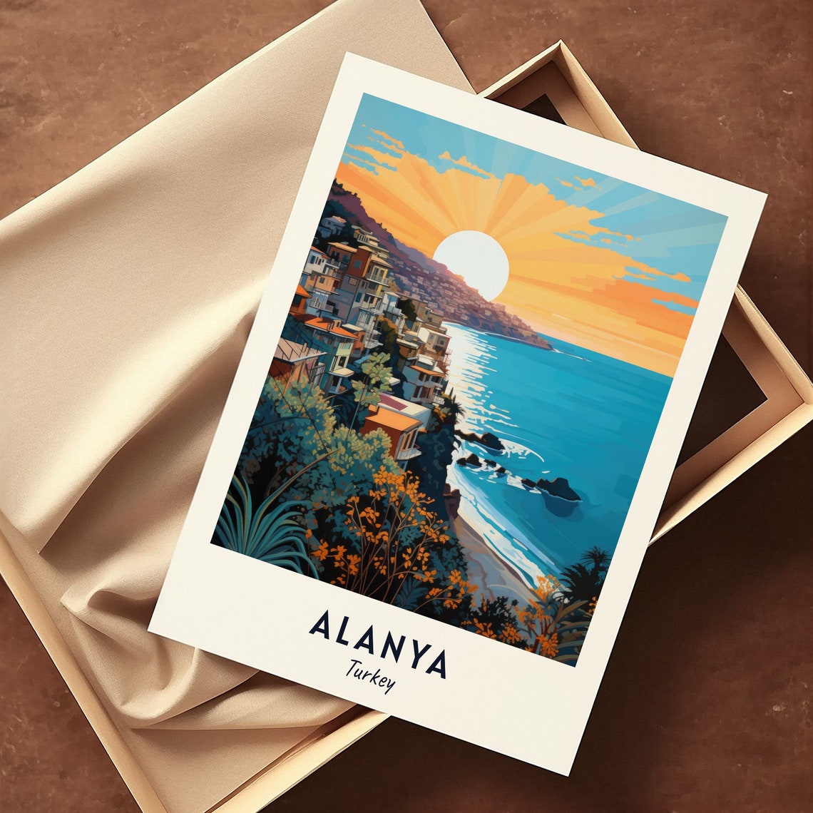 Alanya Turkey Cliffside Old Town Sunset Seascape Travel Poster - Image 3