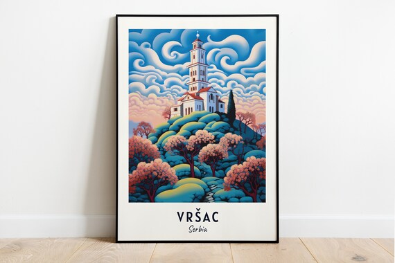 Vršac Serbia Hilltop Chapel Blossom Trees Swirling Sky Travel Poster