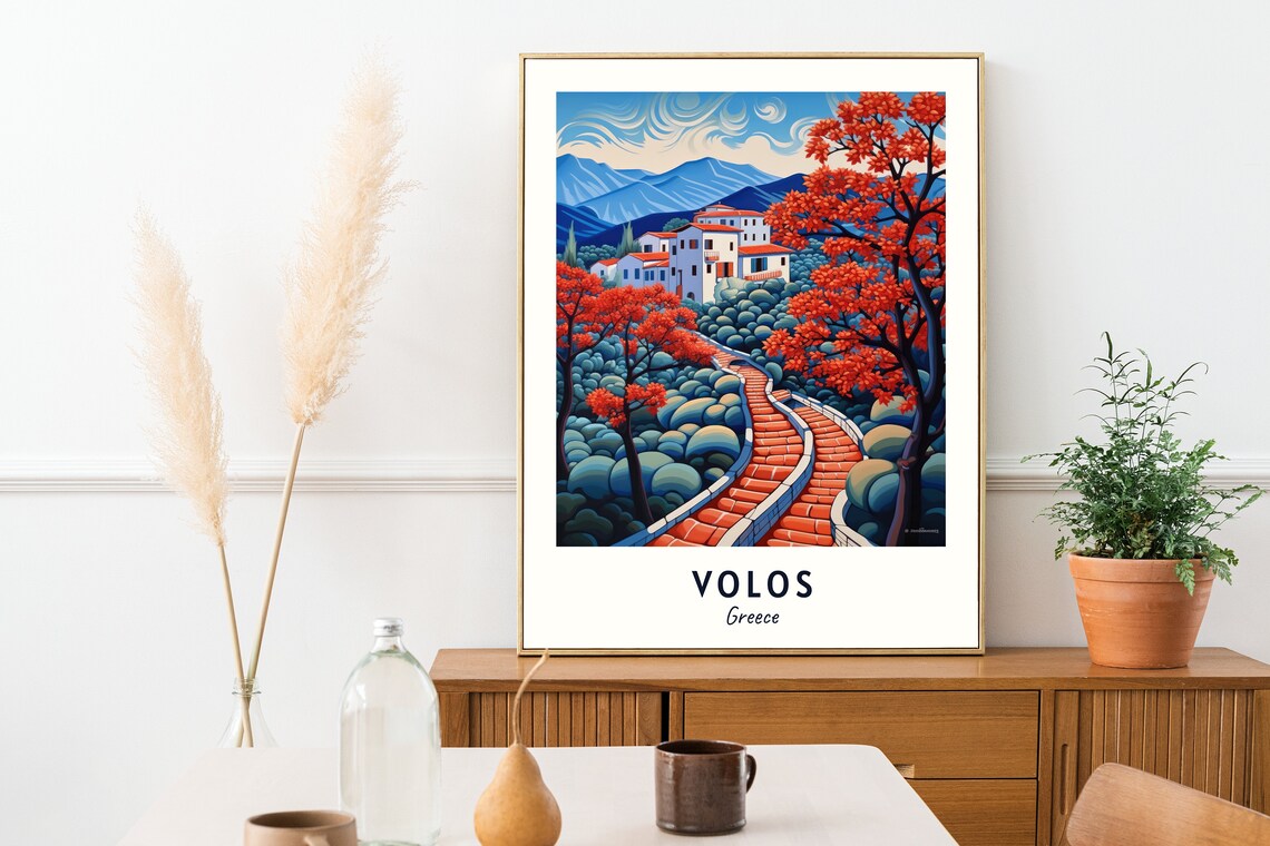 Volos Red Autumn Trees Above a White Village in Greece Poster - Image 2