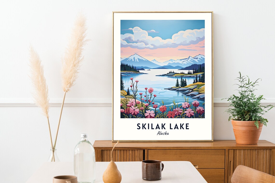 Skilak Lake Alaska Wildflower Shore Snowy Mountain Lake Day Poster - Image 2
