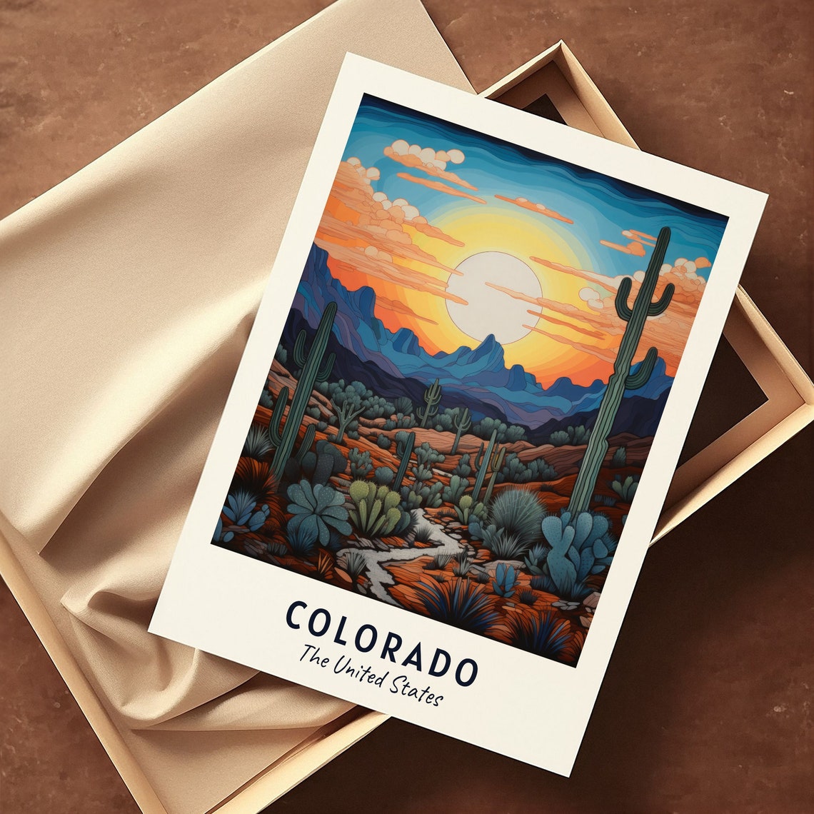 Colorado Desert Sunset Saguaro Cactus Mountain Backdrop Scene Poster - Image 3