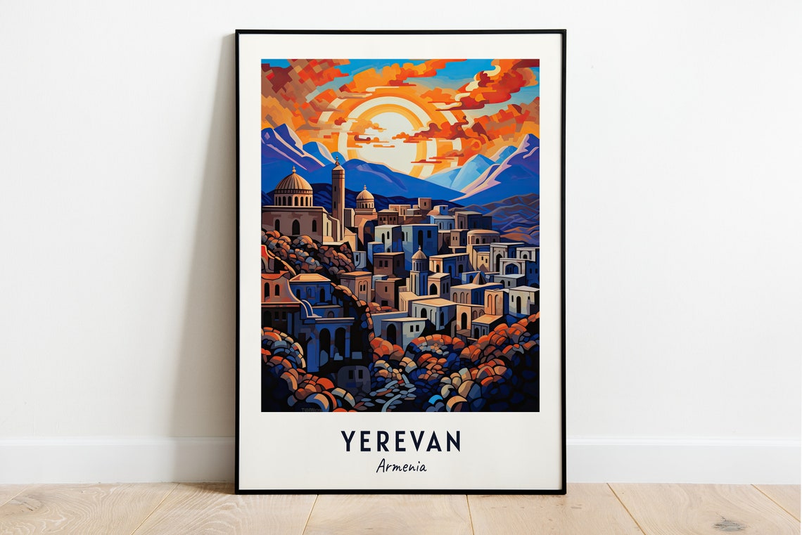 Yerevan Armenia Stone City At Sunset Beneath Mountain Peaks Poster