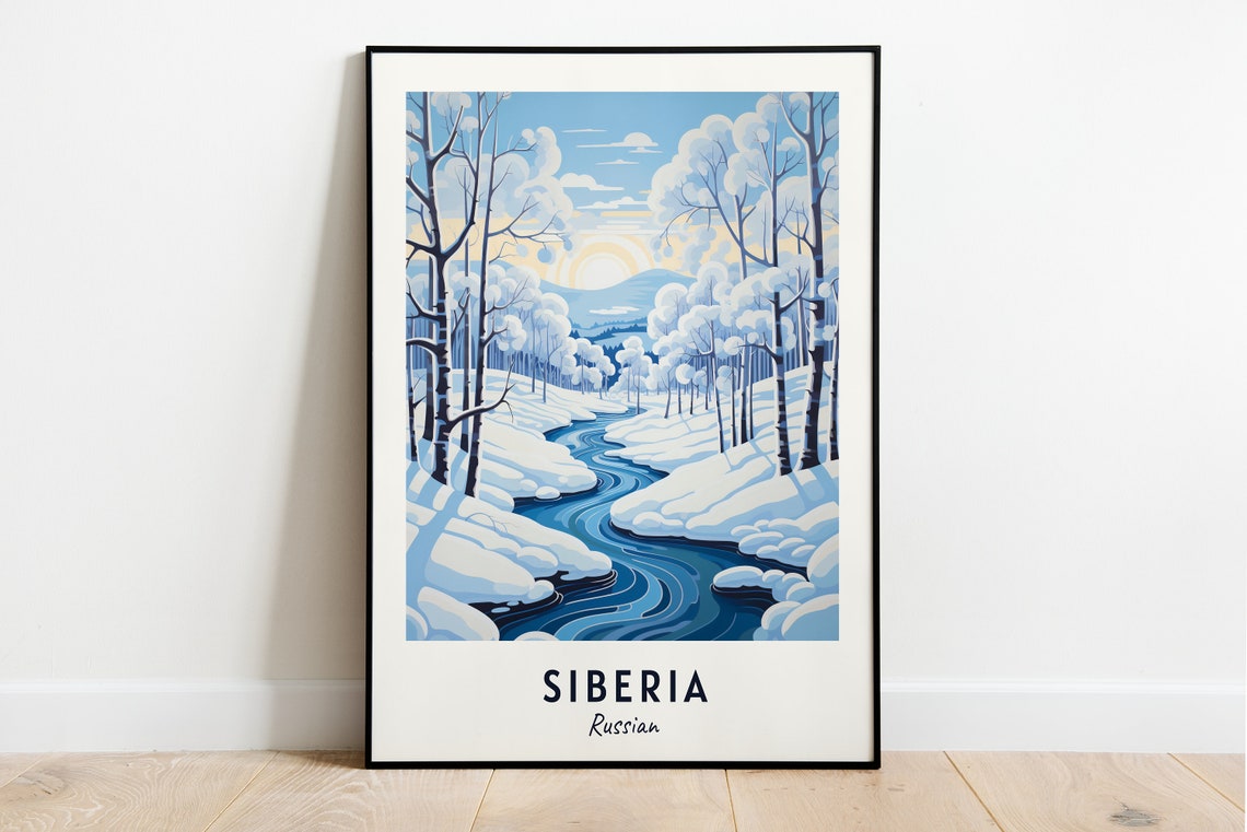Siberia Snowy Birch Forest Winding River Russia Travel Poster