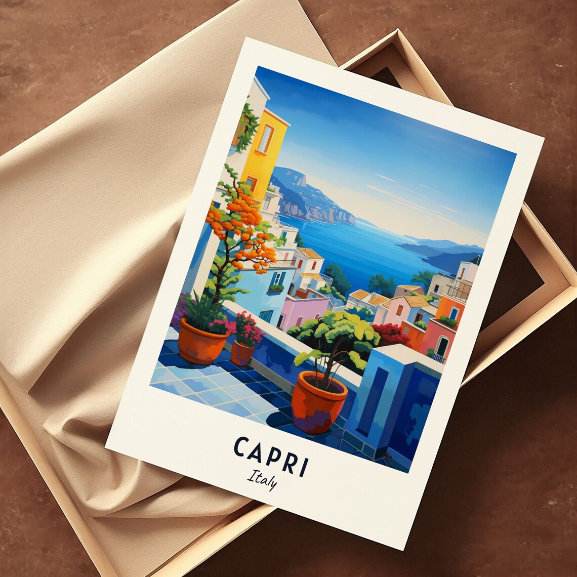 Capri Balcony Terrace Bay View Potted Orange Italy Travel Poster - Image 3