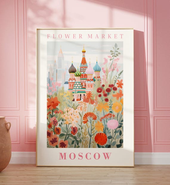 Moscow Flower Market Travel Poster, Botanical Illustration