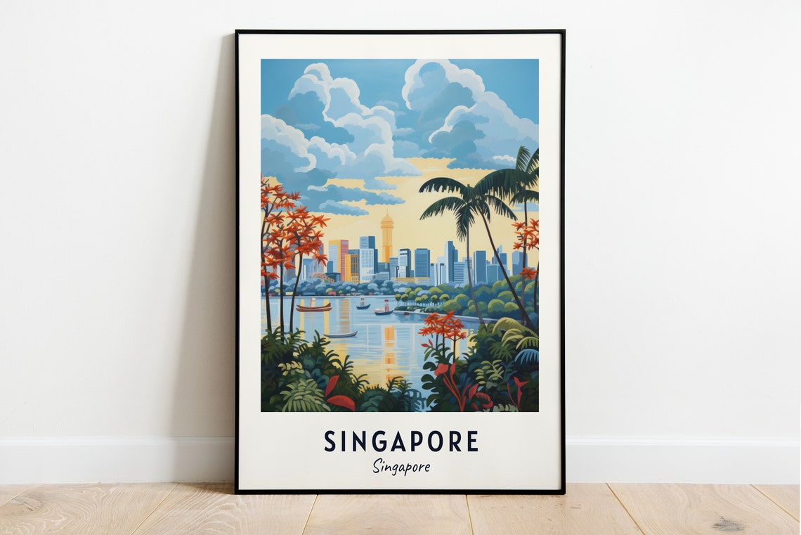 Singapore Skyline Over Water Framed By Palms Tropical City Poster