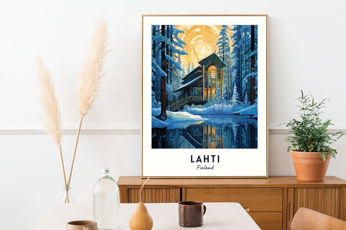 Lahti Sibelius Hall Snowy Pines Lake Dusk Glow Travel Poster - Image 2
