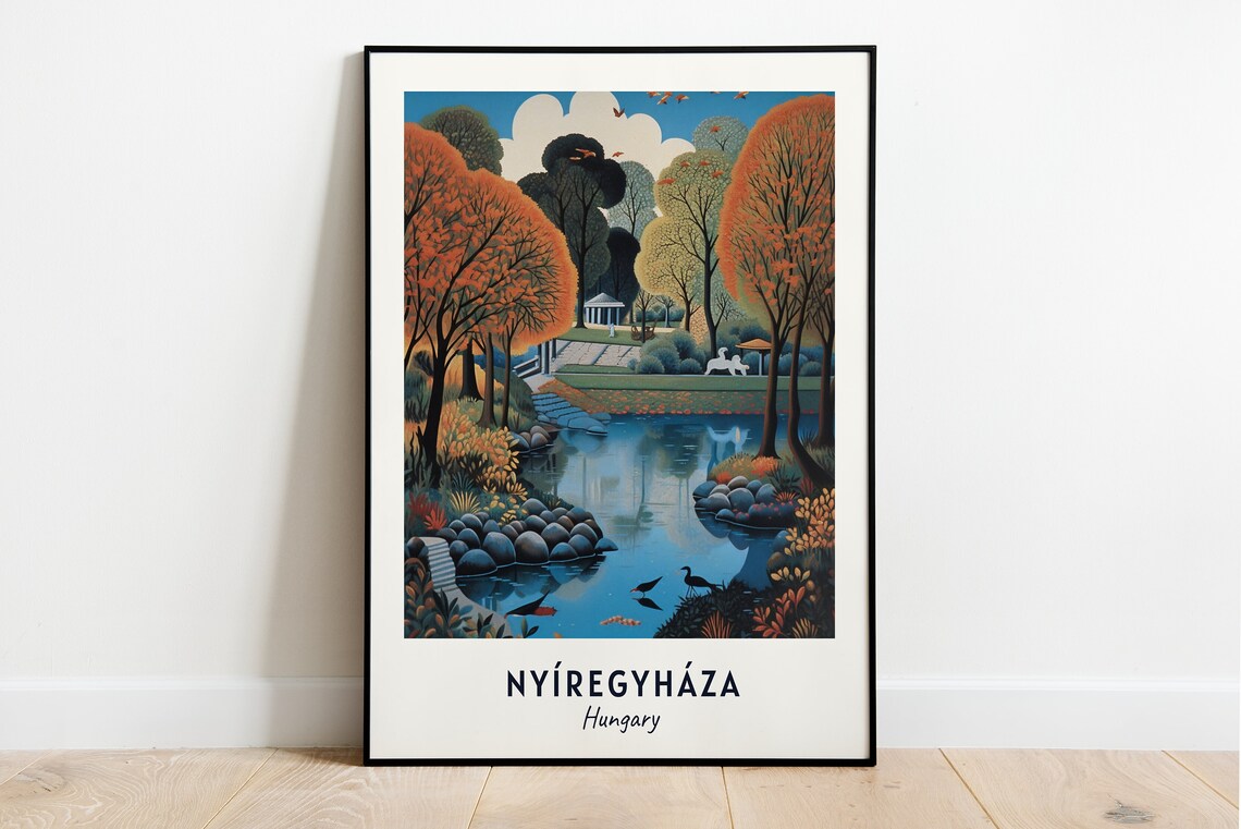 Nyíregyháza Autumn Park Lake with Pavilion in Hungary Poster