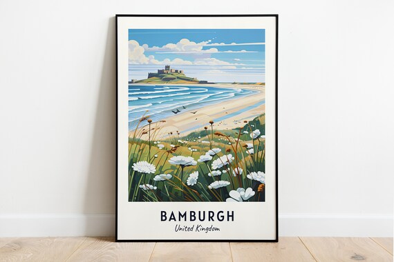 Bamburgh United Kingdom Beach Castle and Dunes Travel Poster