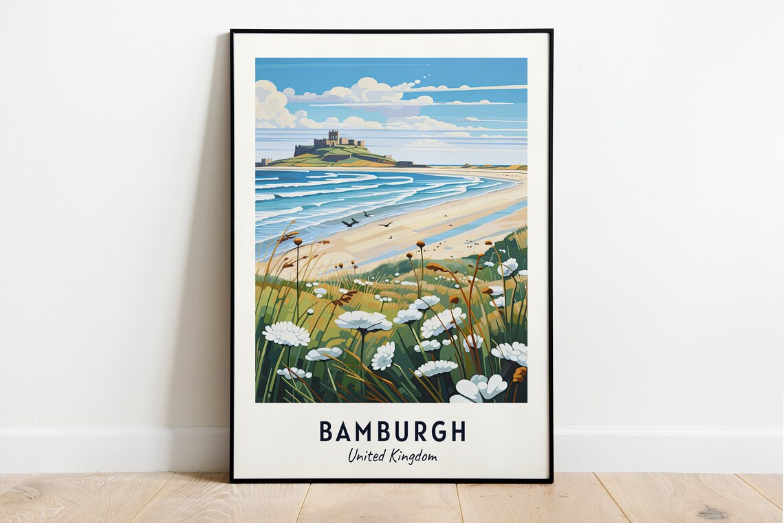 Bamburgh United Kingdom Beach Castle and Dunes Travel Poster