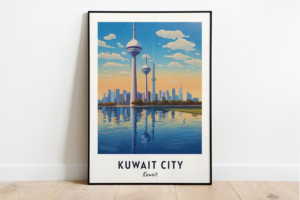 Kuwait City Kuwait Towers Skyline Water Reflection Travel Poster