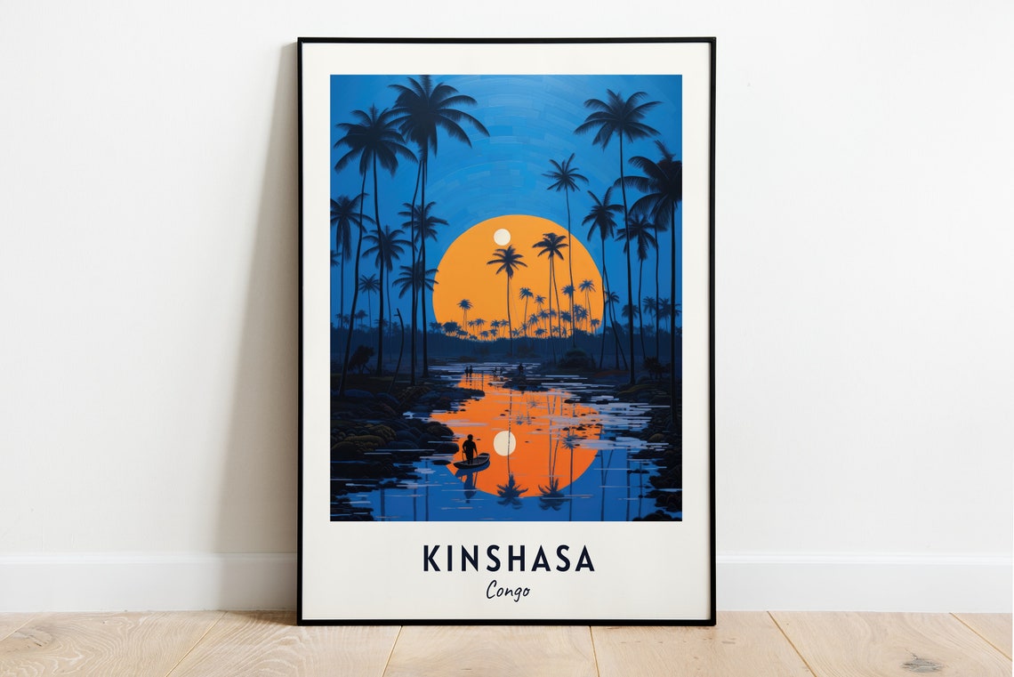 Kinshasa Congo Moonlit Palm Silhouettes And Boats On The Water Poster