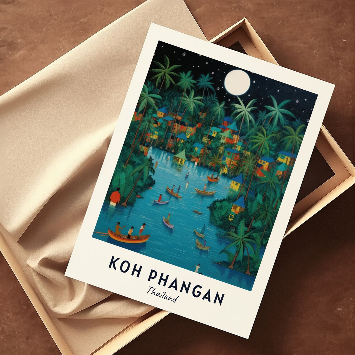 Koh Phangan Thailand Moonlit Lagoon Boats Night Travel Poster - Image 3