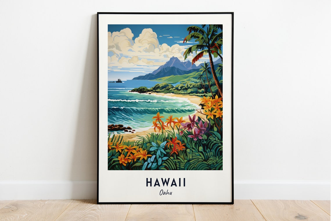 Hawaii Oahu Tropical Beach Palm Trees Mountain Ocean Travel Poster