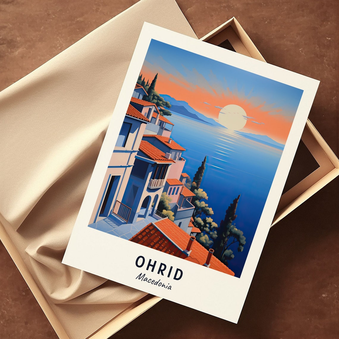 Ohrid Macedonia Lake Sunset Old Town Roofs Golden Hour Travel Poster - Image 3