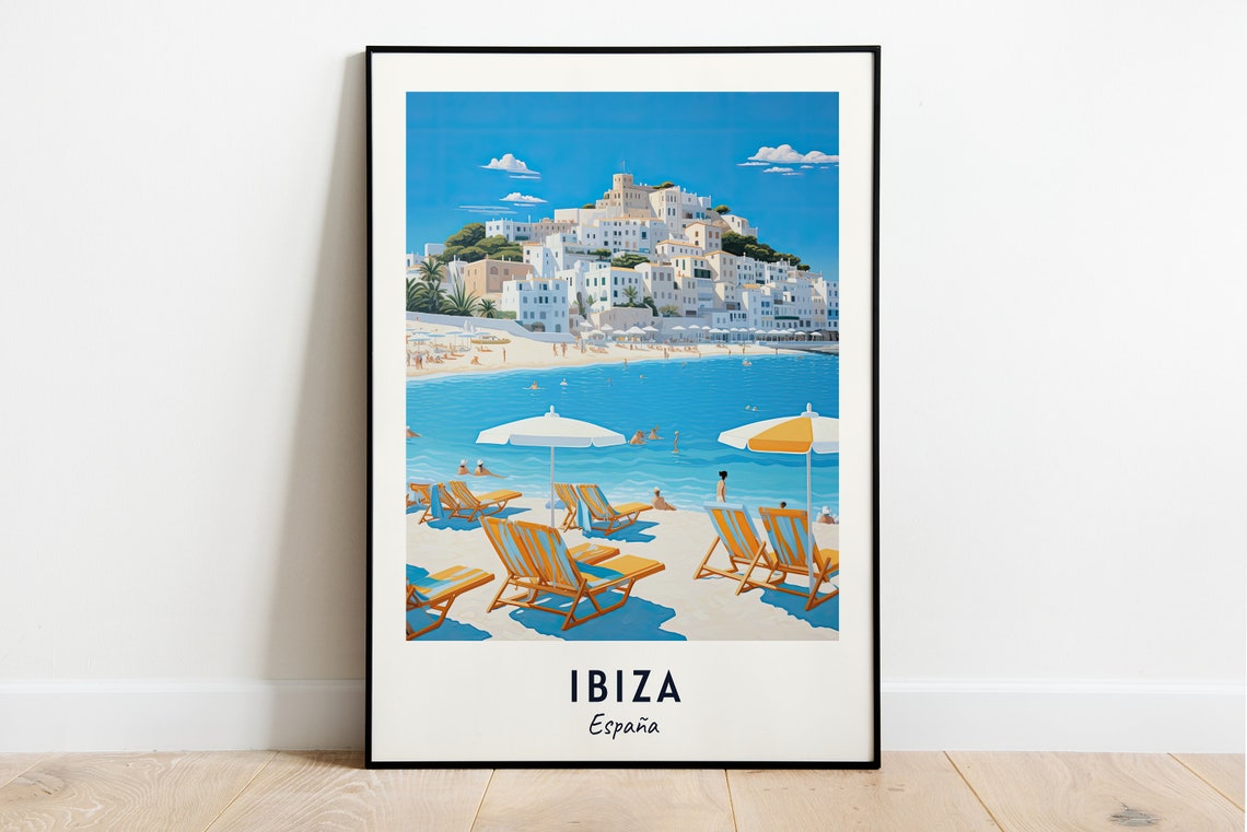 Ibiza Spain Sunny Beach Umbrellas Whitewashed Town Blue Sea Poster