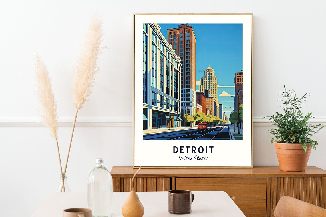 Detroit Michigan Downtown Skyline Tram Tracks City Street Poster - Image 2