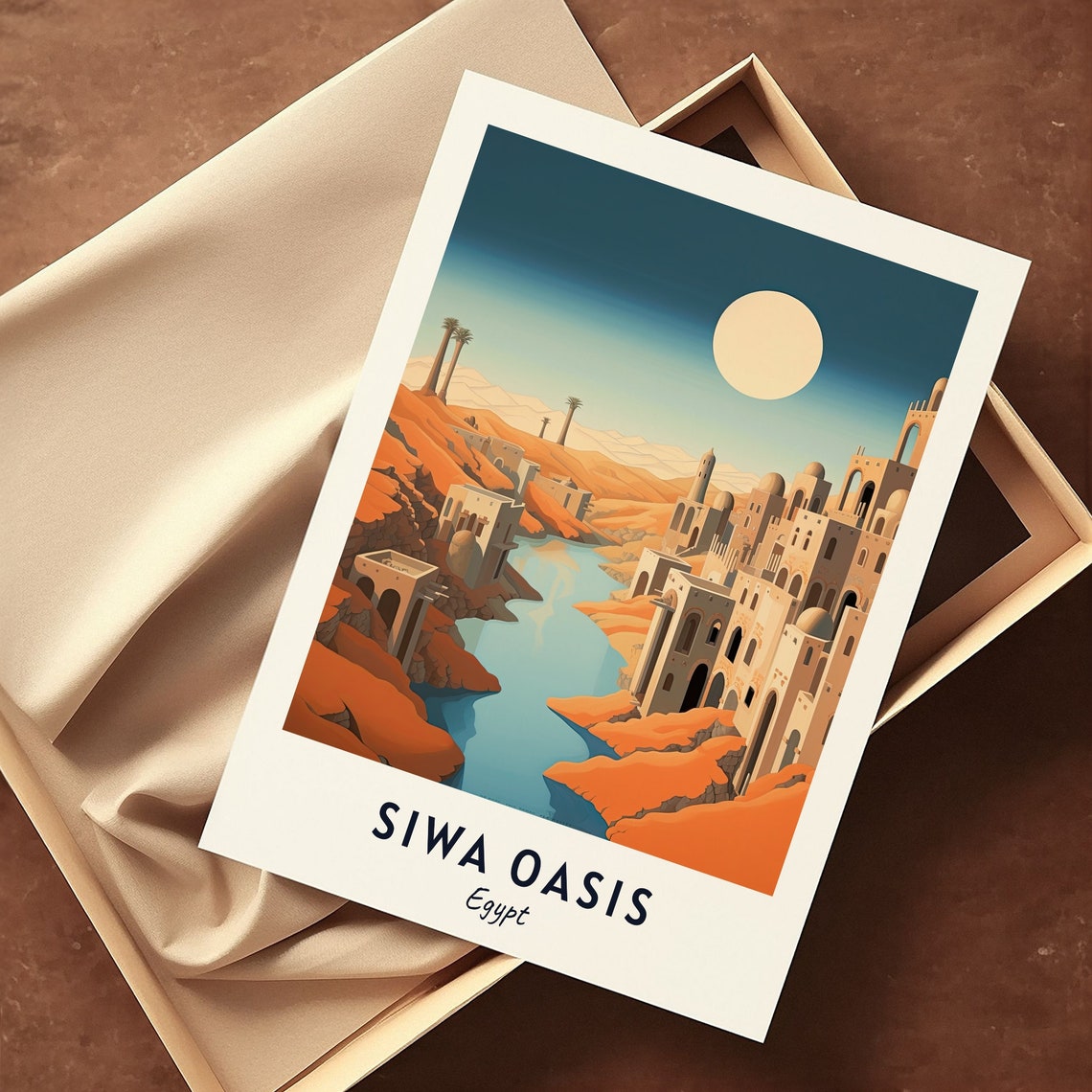 Moonlit Desert Oasis Town with Still Lake Siwa Oasis Egypt Poster - Image 3