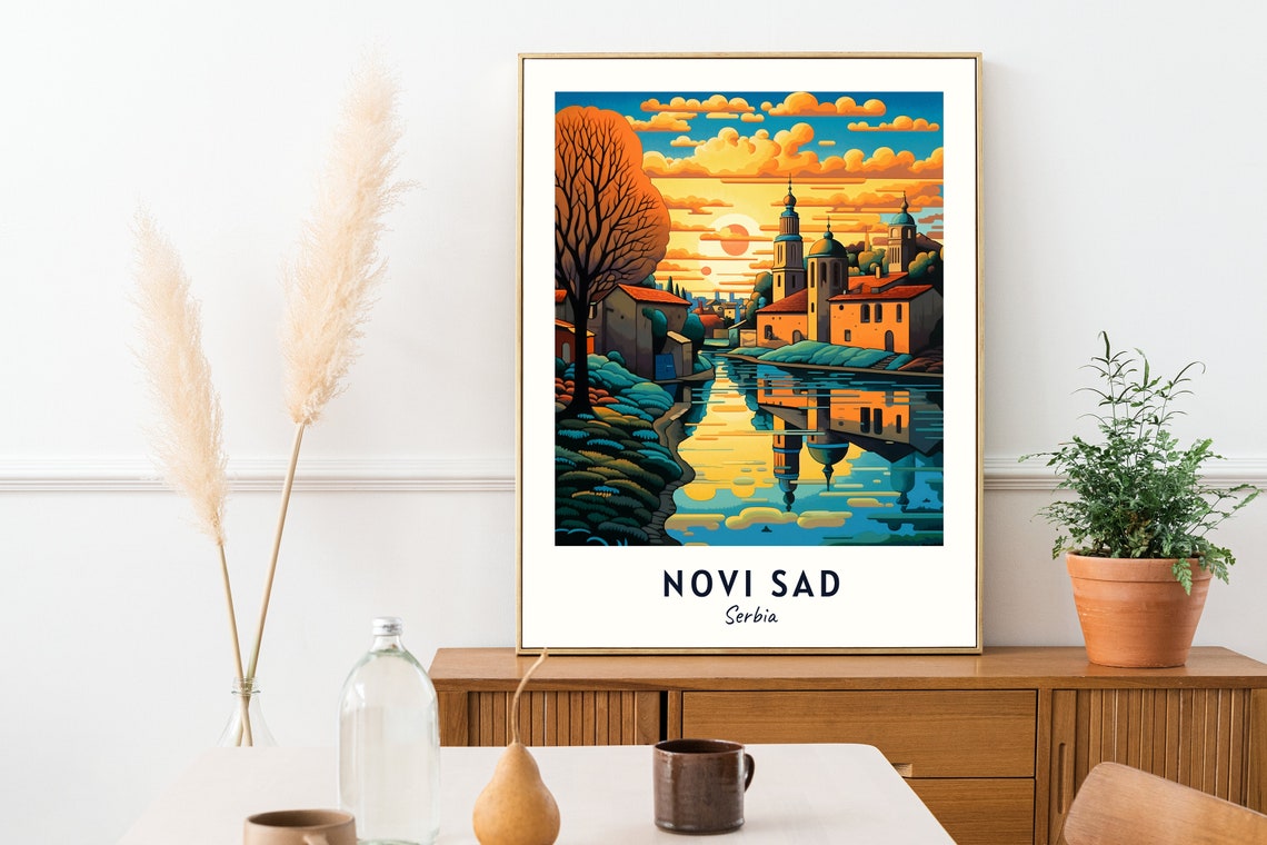 Novi Sad Riverside Churches Golden Sunset Reflection Travel Poster - Image 2