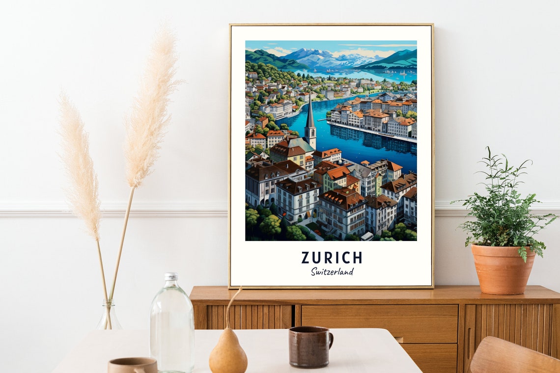 Zurich Limmat River City Snowy Alps Panorama View Travel Poster - Image 2