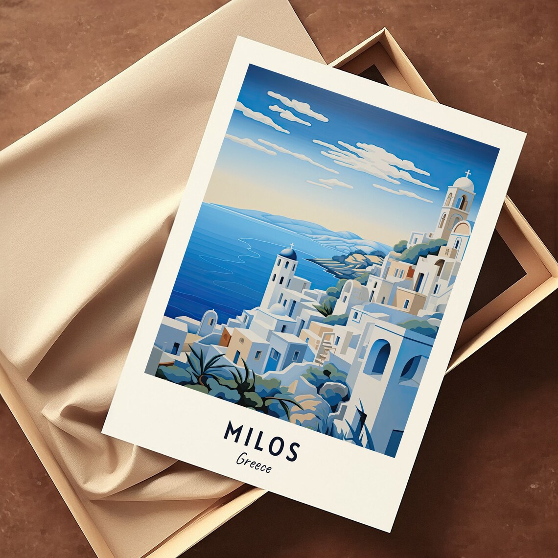 Milos Greece Cliffside White Village Bell Tower Sea Travel Poster - Image 3