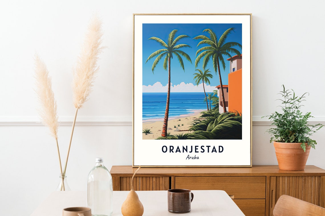 Oranjestad Aruba Palm Beach Orange Villa Caribbean Travel Poster - Image 2