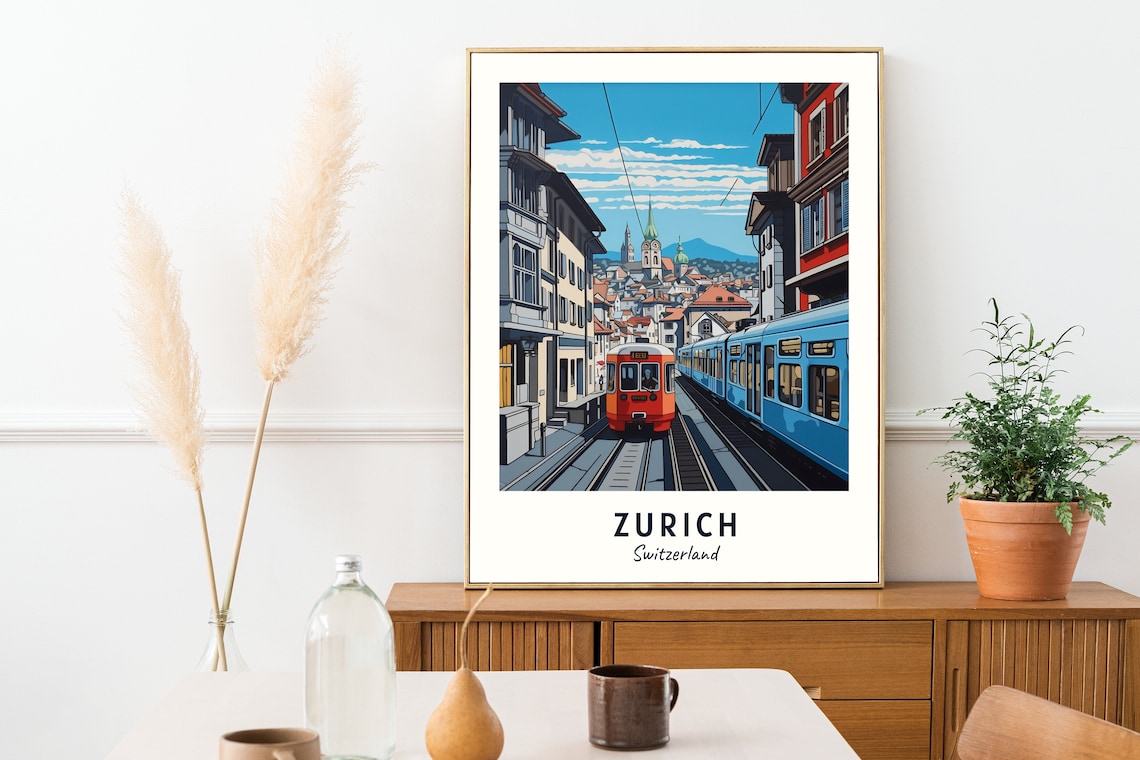 Zurich Switzerland Tram Street Old Town Scene Art Travel Poster - Image 2