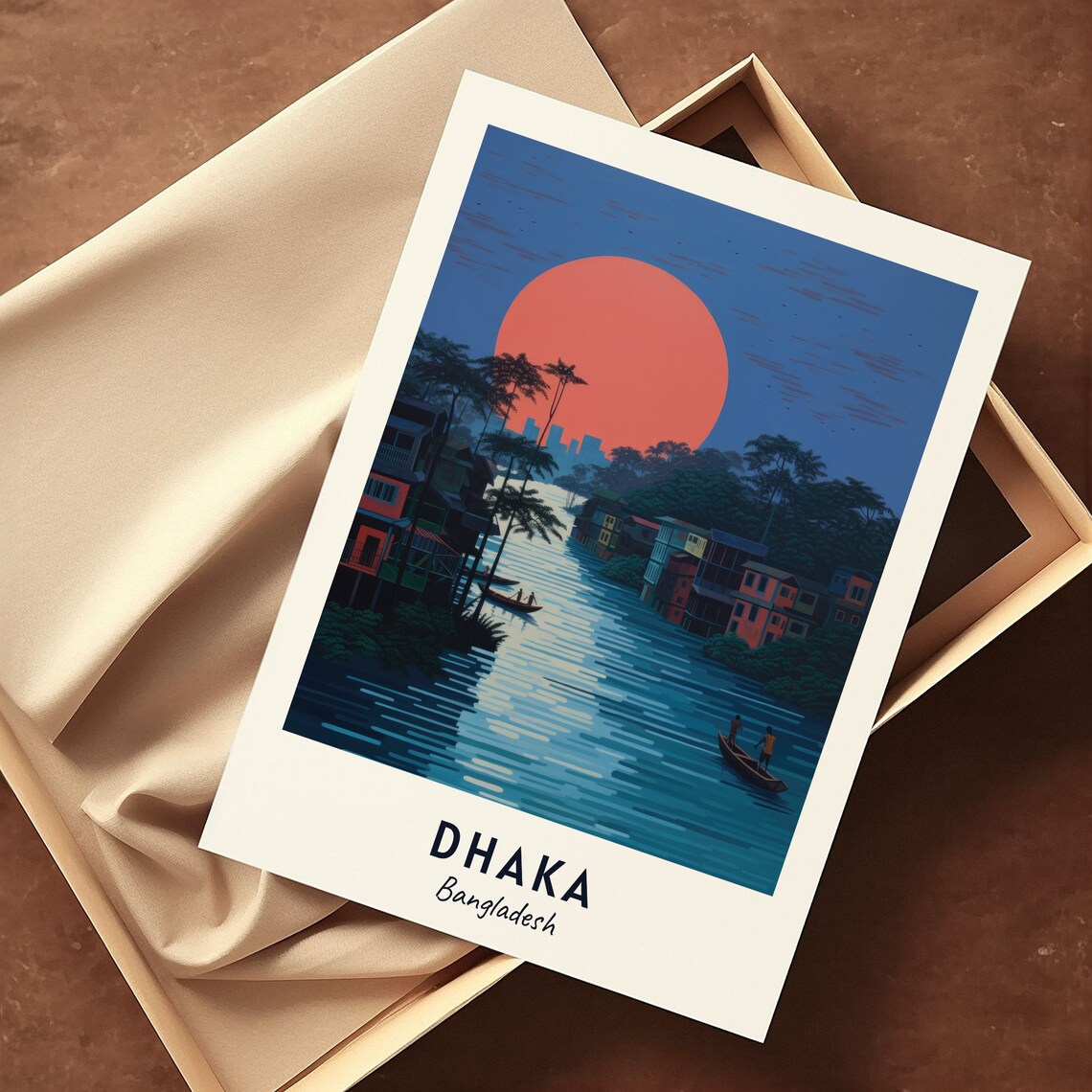 Dhaka Bangladesh Red Moon River Boats Minimalist Travel Poster - Image 3