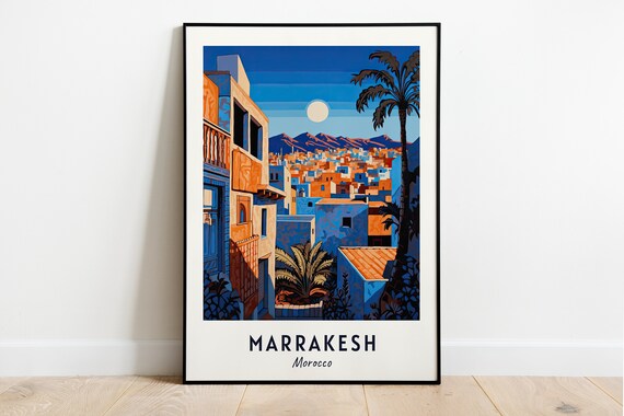 Marrakesh Morocco Blue Medina Rooftops Palm Moon Night Travel Poster