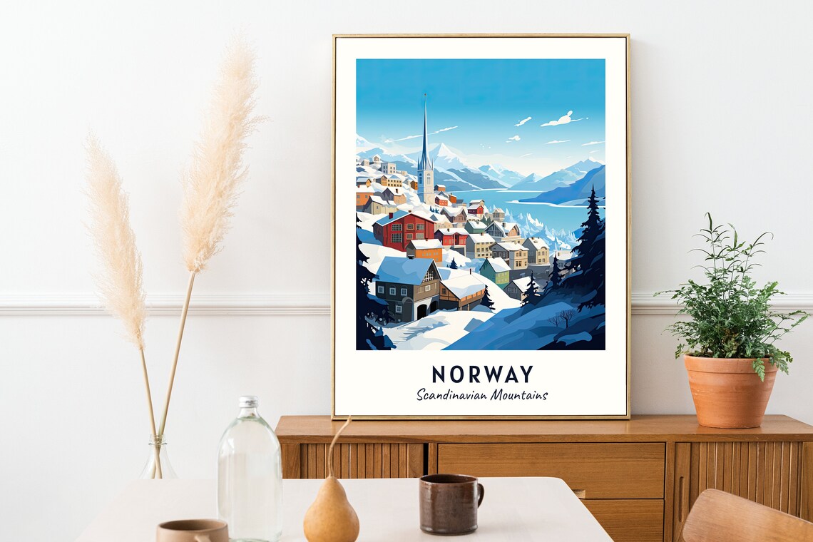 Norway Scandinavian Mountains Colorful Fjord Village Winter Poster - Image 2