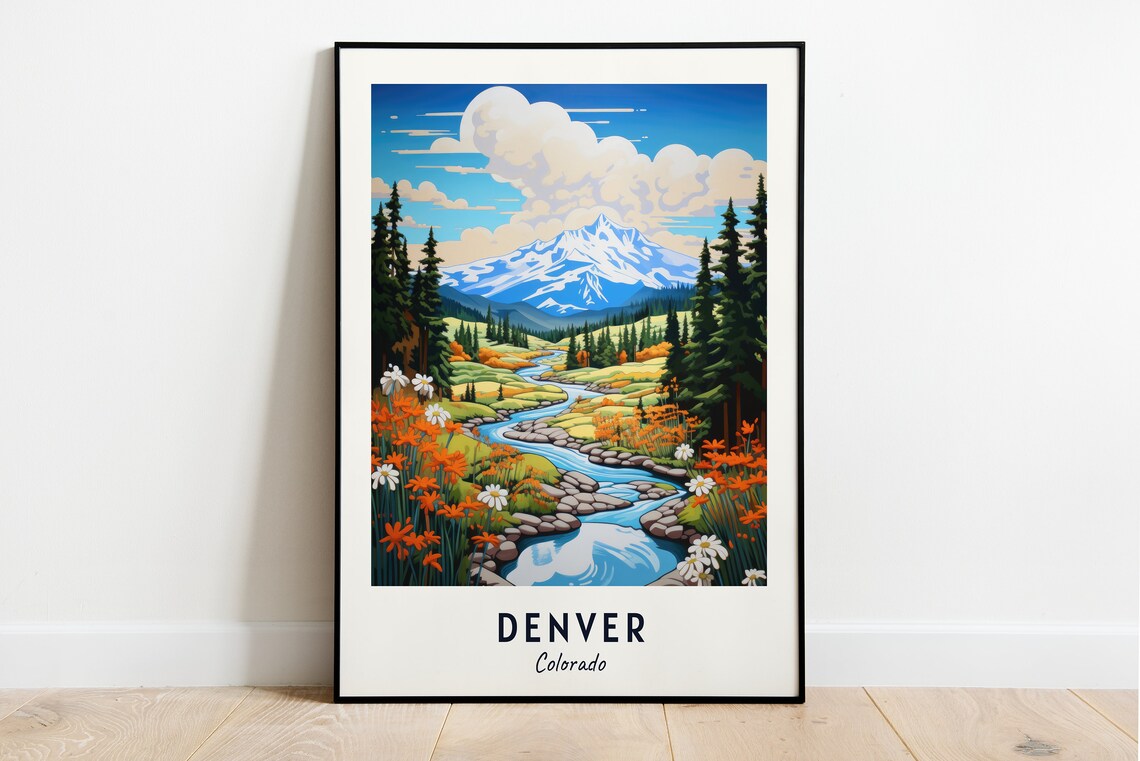Denver Colorado Mountain Stream Wildflowers Snowy Peak View Poster