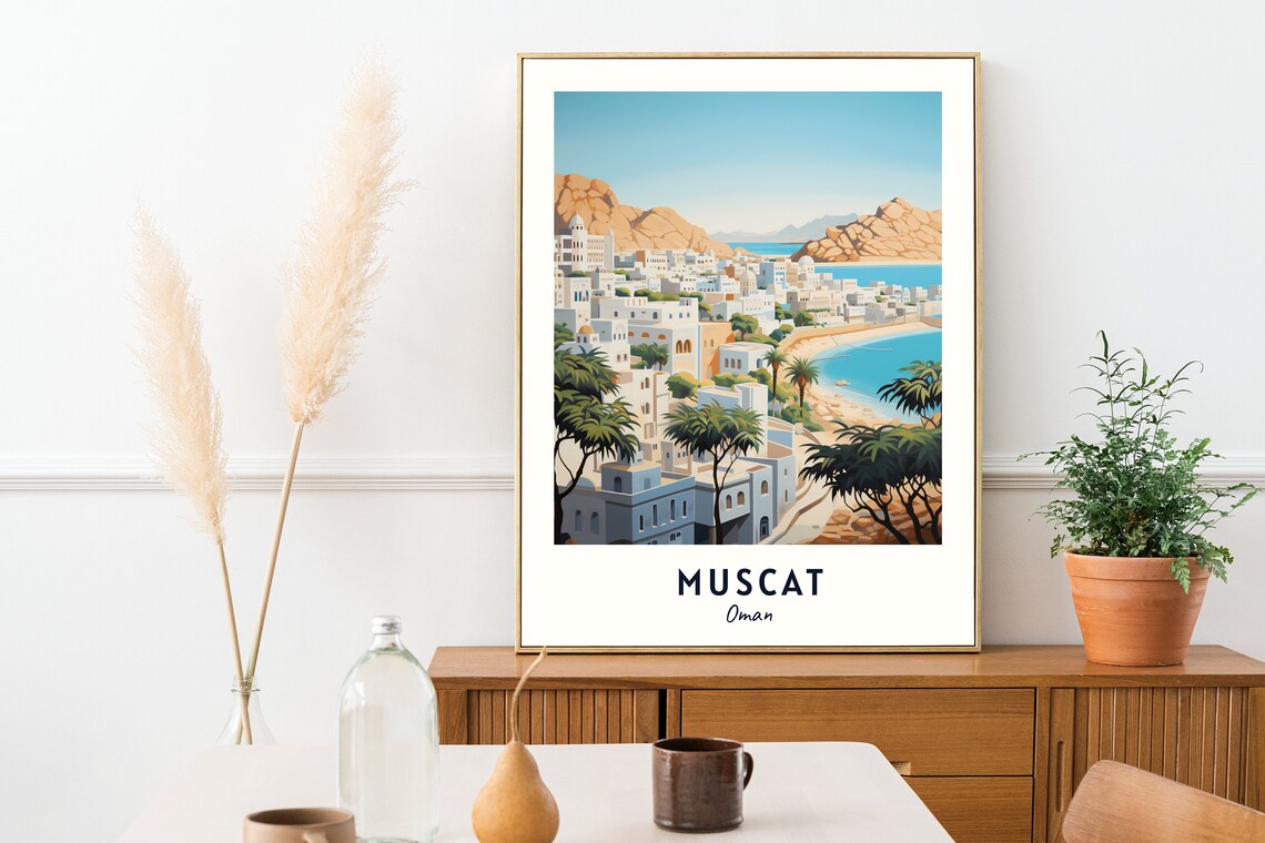 Muscat White Coastal Town Palms Rocky Hills Oman Travel Poster - Image 2