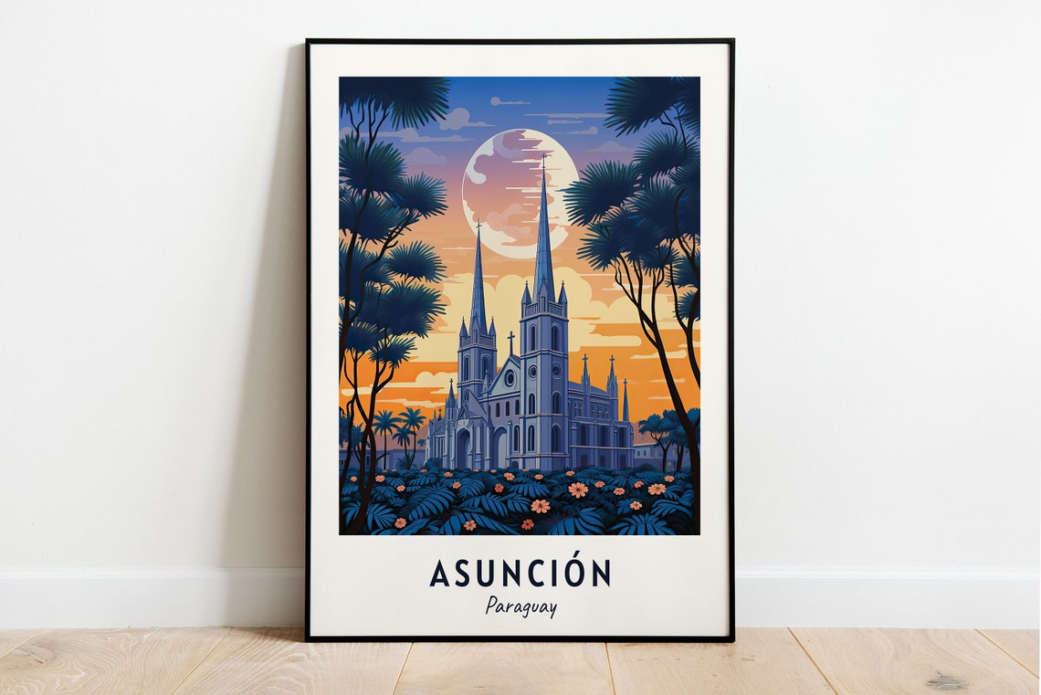 Asuncion Paraguay Sunset Cathedral Palm Garden Evening Poster