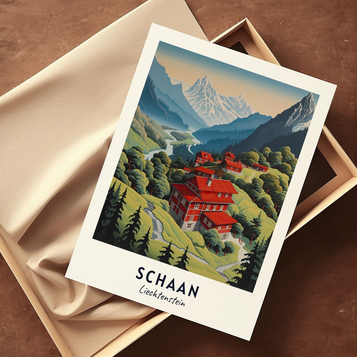 Schaan Liechtenstein Red Roofed Lodges In An Alpine Valley Poster - Image 3