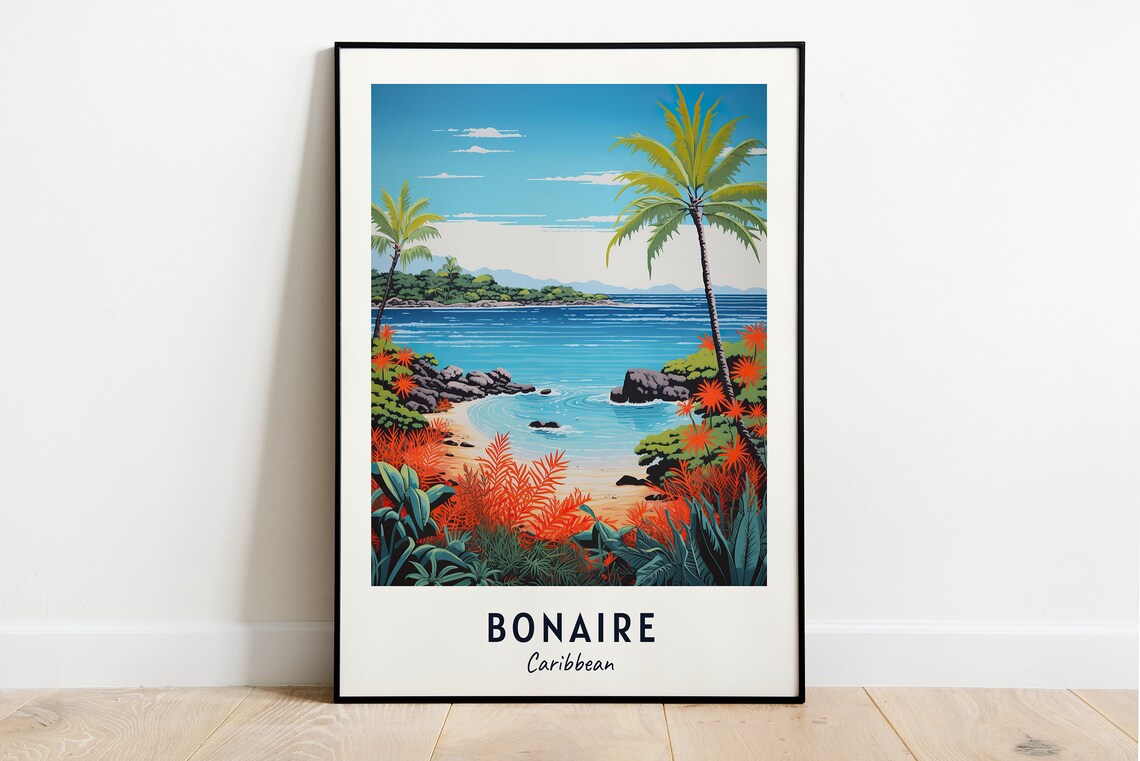 Bonaire Caribbean Tropical Beach Palm Cove Island Scene Travel Poster