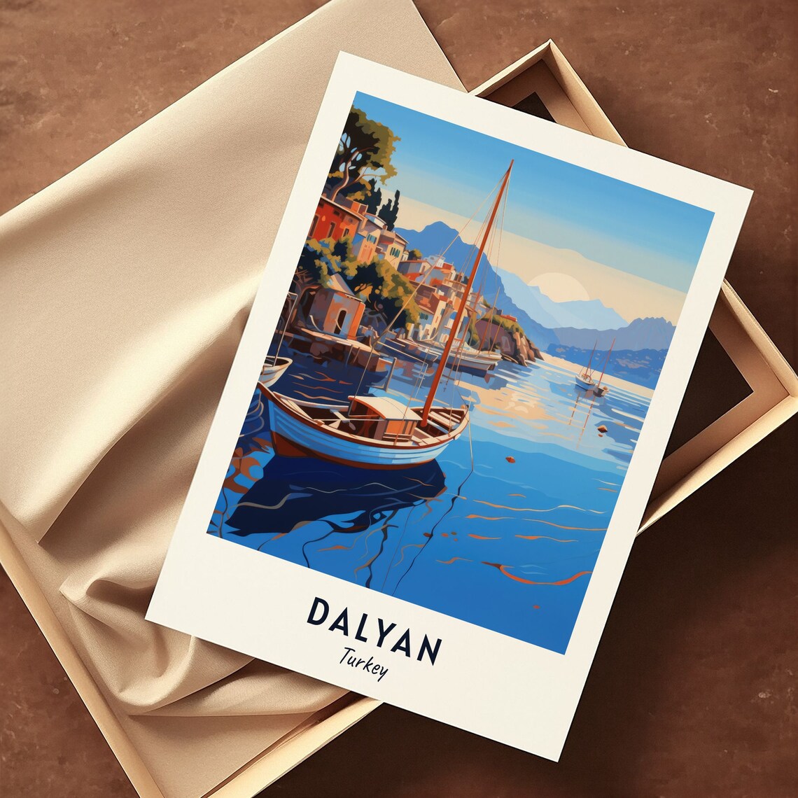 Dalyan Turkey Fishing Boats Harbor Minimalist Seascape Travel Poster - Image 3