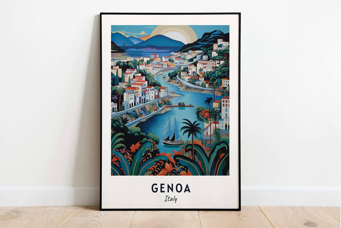 Genoa Italy Sunset Bay Sailboats Classic Travel Poster Home Decor