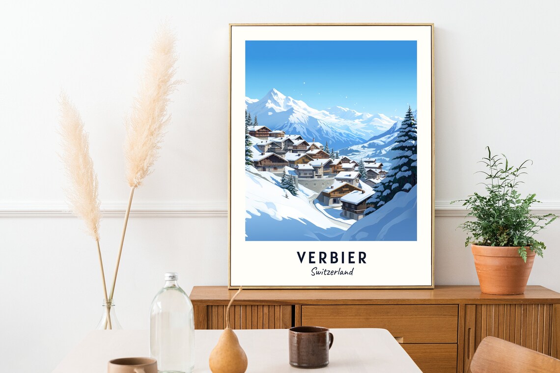 Verbier Switzerland Hillside Chalets and Majestic Peak Poster - Image 2